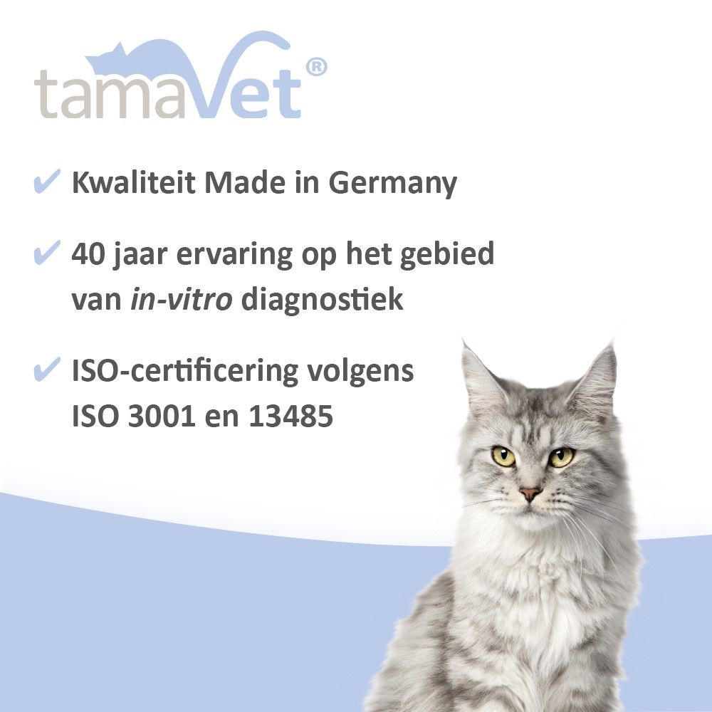 Kat zit. Tekst: Kwaliteit Made in Germany, 40 jaar ervaring, ISO-certificering.
