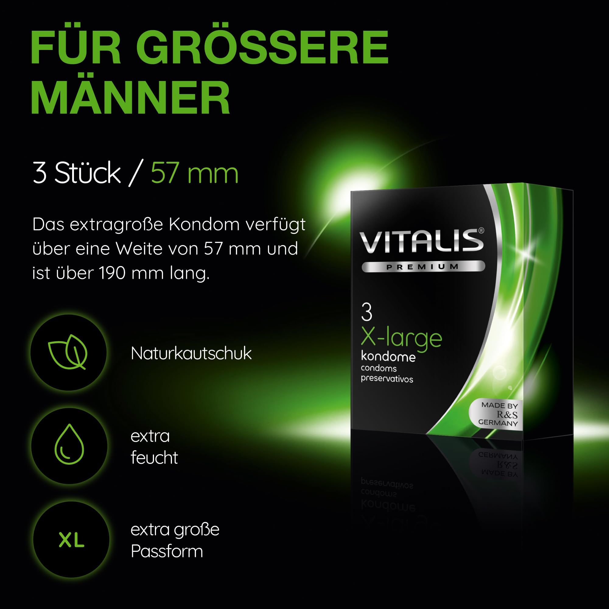 Préservatifs Vitalis Premium X-Large : 3 unités, 57 mm de large, latex naturel, extra lubrifiés, coupe XL.