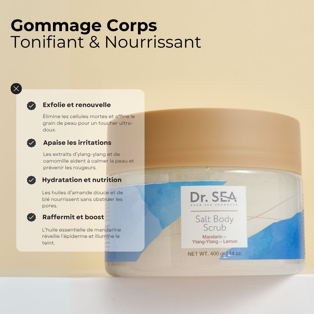 Pot de gommage corporel avec informations. Texte : Exfolie et renouvelle, apaise les irritations, hydratation et nutrition.