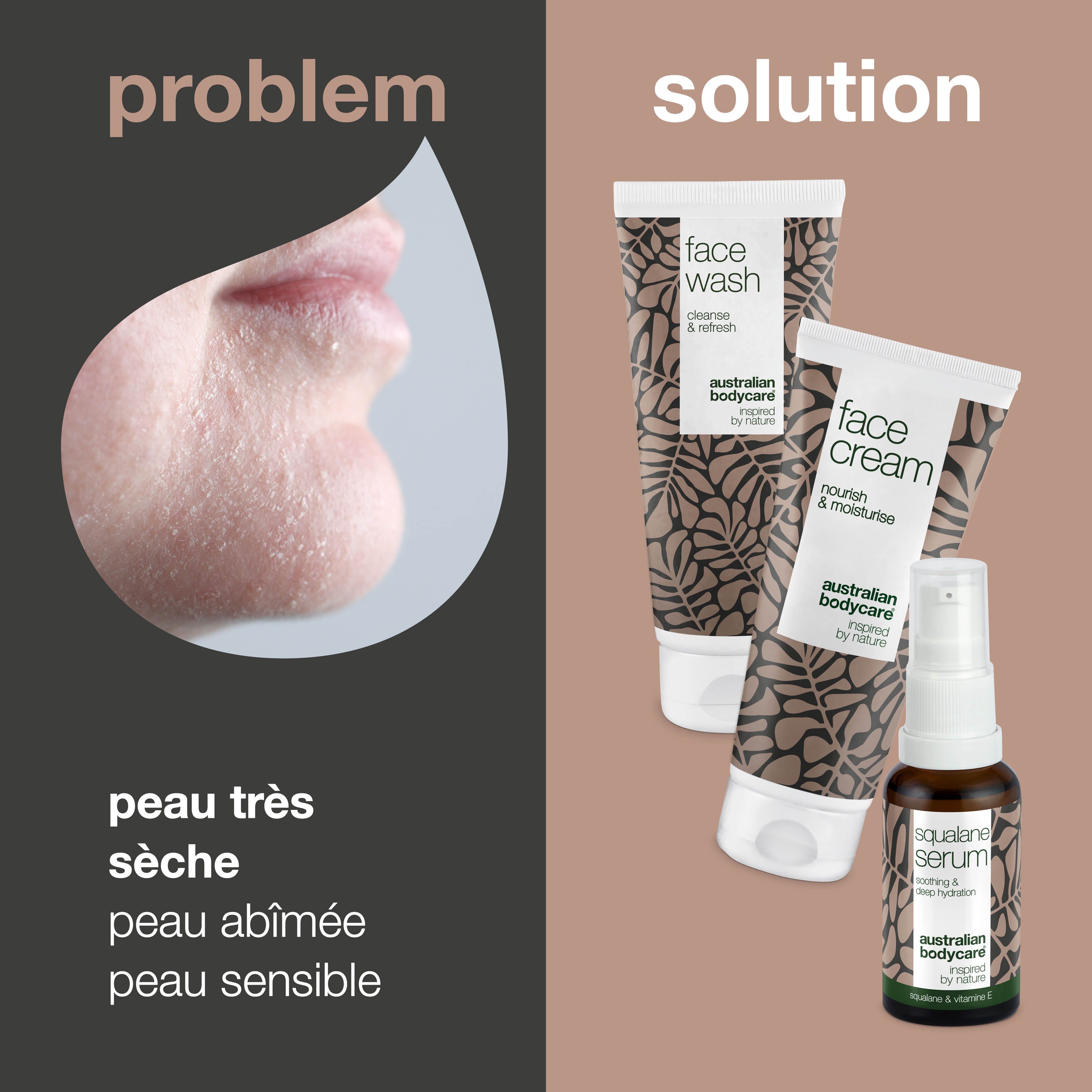 Problème : peau très sèche, abîmée, sensible, démangeaisons. Solution : ensemble Face Wash, Face Cream, Squalane Serum.