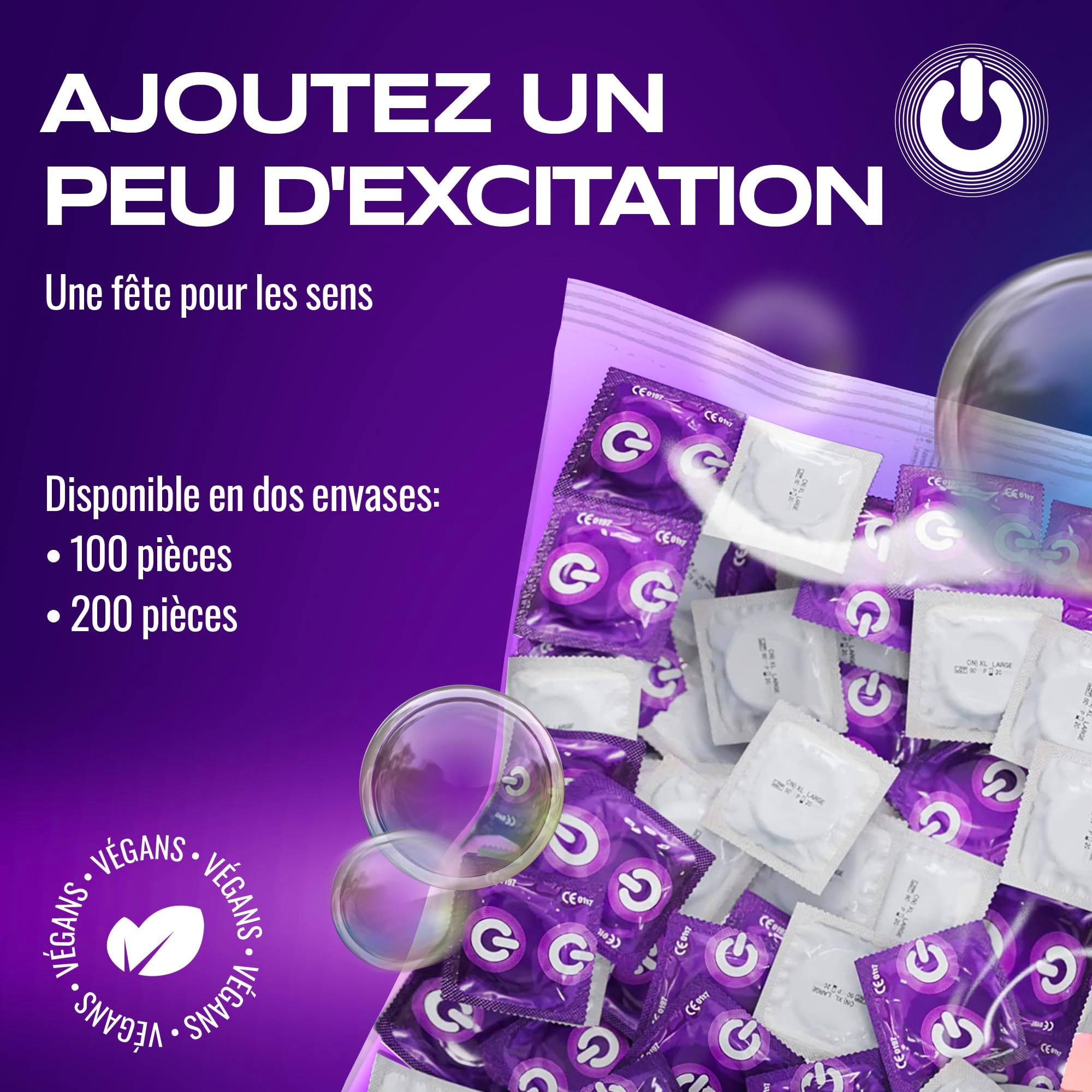 Préservatifs ON) : Paquets de 100 et 200 pièces disponibles. Vegan.