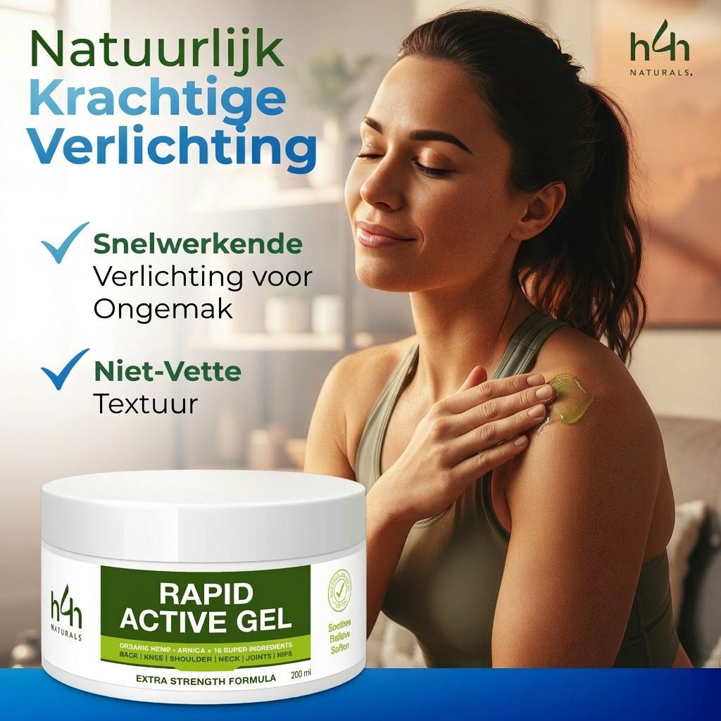 Vrouw raakt schouder aan. Tekst: Natuurlijk krachtige verlichting. Logo's: Snelwerkend, Niet-vette textuur. Hemp Help.