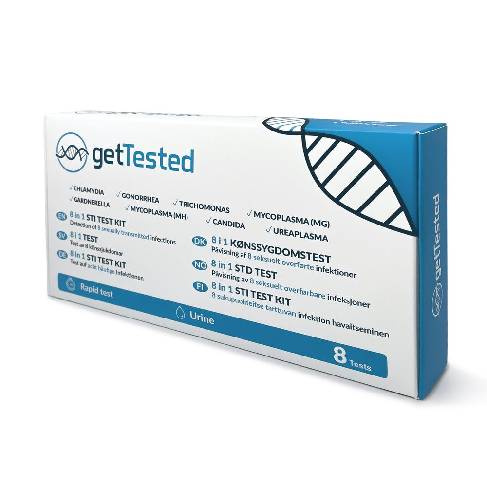 Verpakking van een 8-in-1 soa-testkit. Bevat informatie over verschillende seksueel overdraagbare aandoeningen. 8 tests.