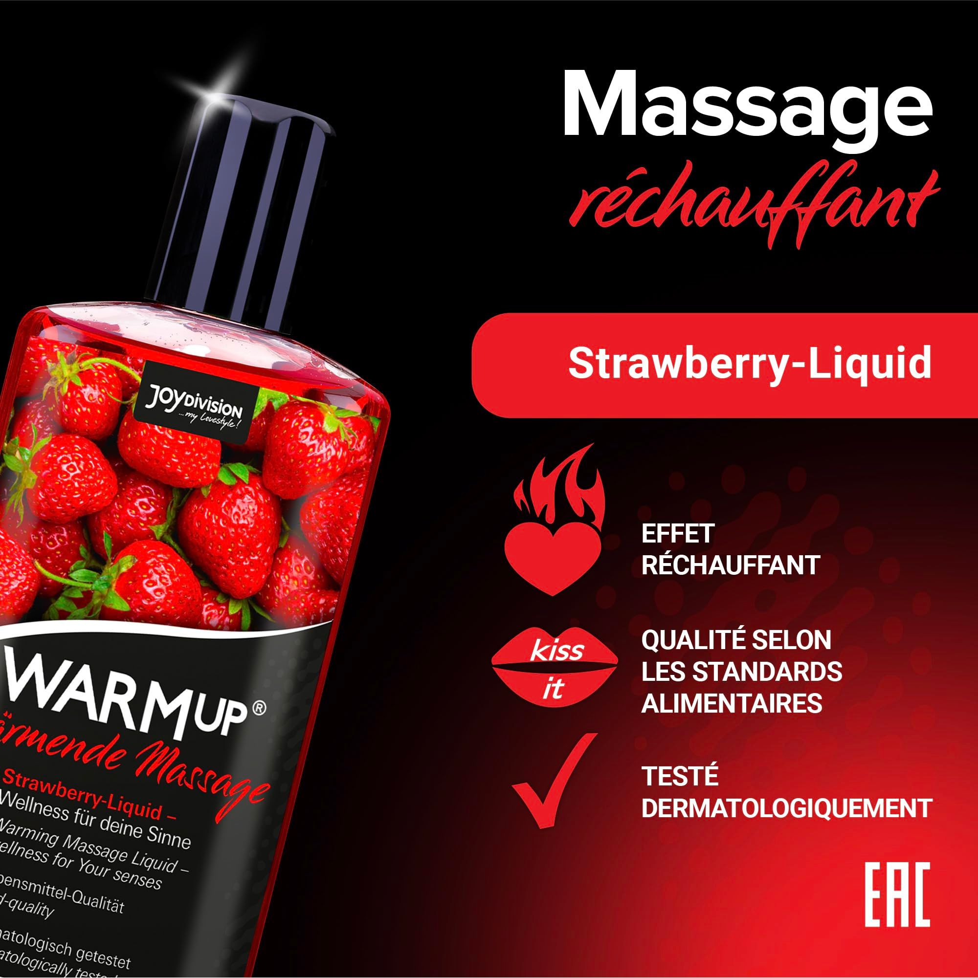 Bouteille d'huile de massage rouge avec imprimé fraise et fraises.