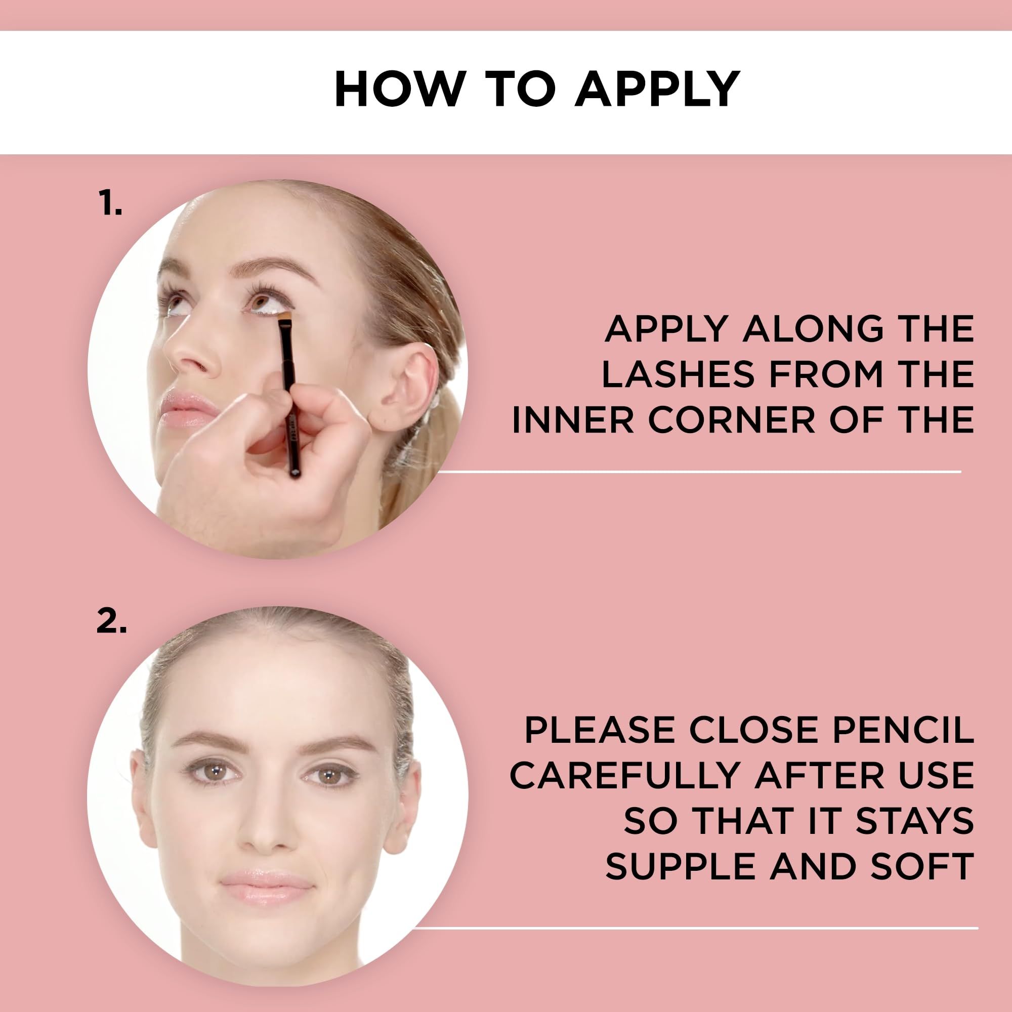 Application du Artdeco Soft Eye Liner Waterproof. Femme appliquant l'eye-liner. Texte: Appliquer sur la ligne des cils, fermer le crayon après usage.