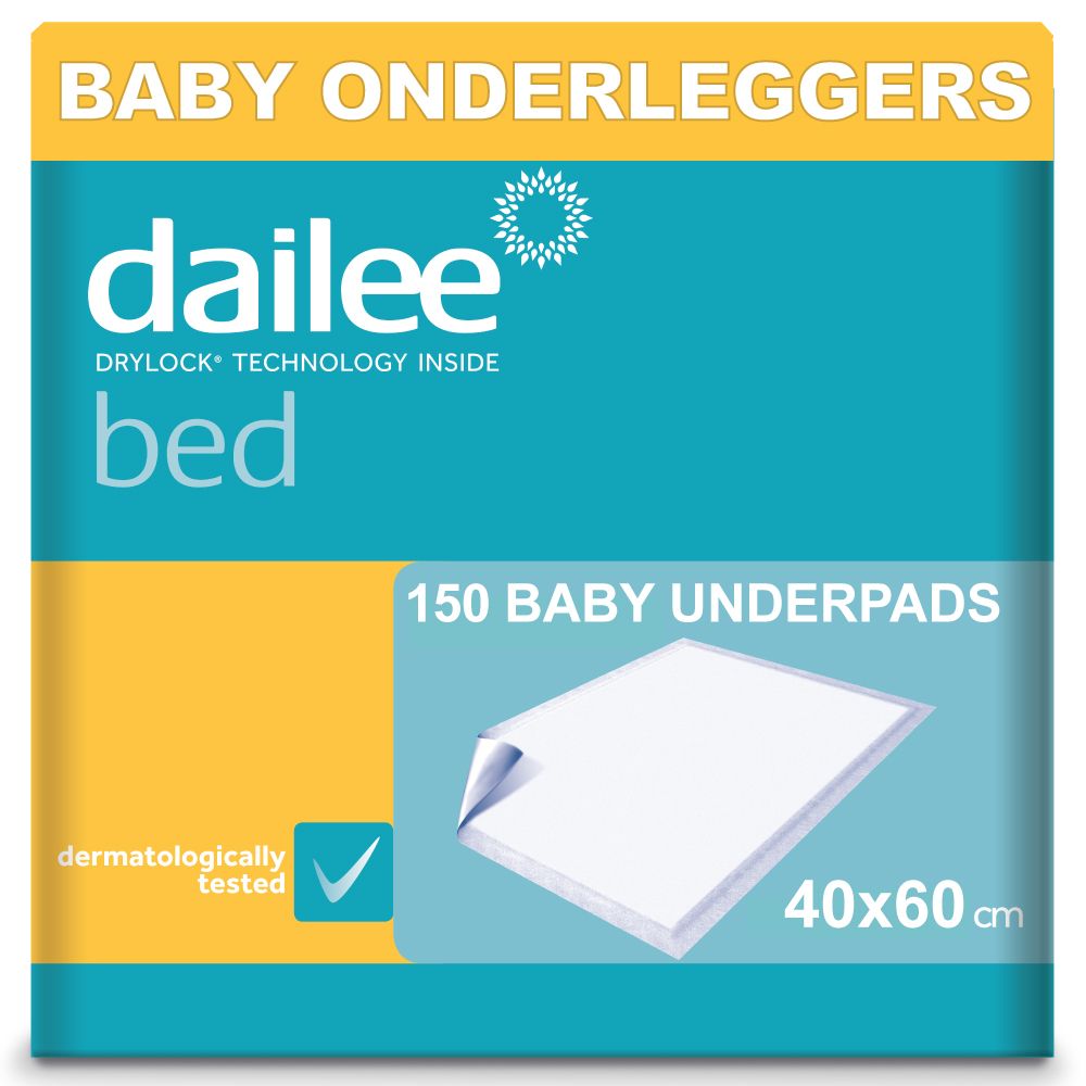 Verpakking Dailee Bed. Baby onderleggers. Afmeting 40x60 cm. Dermatologisch getest. Drylock technologie.