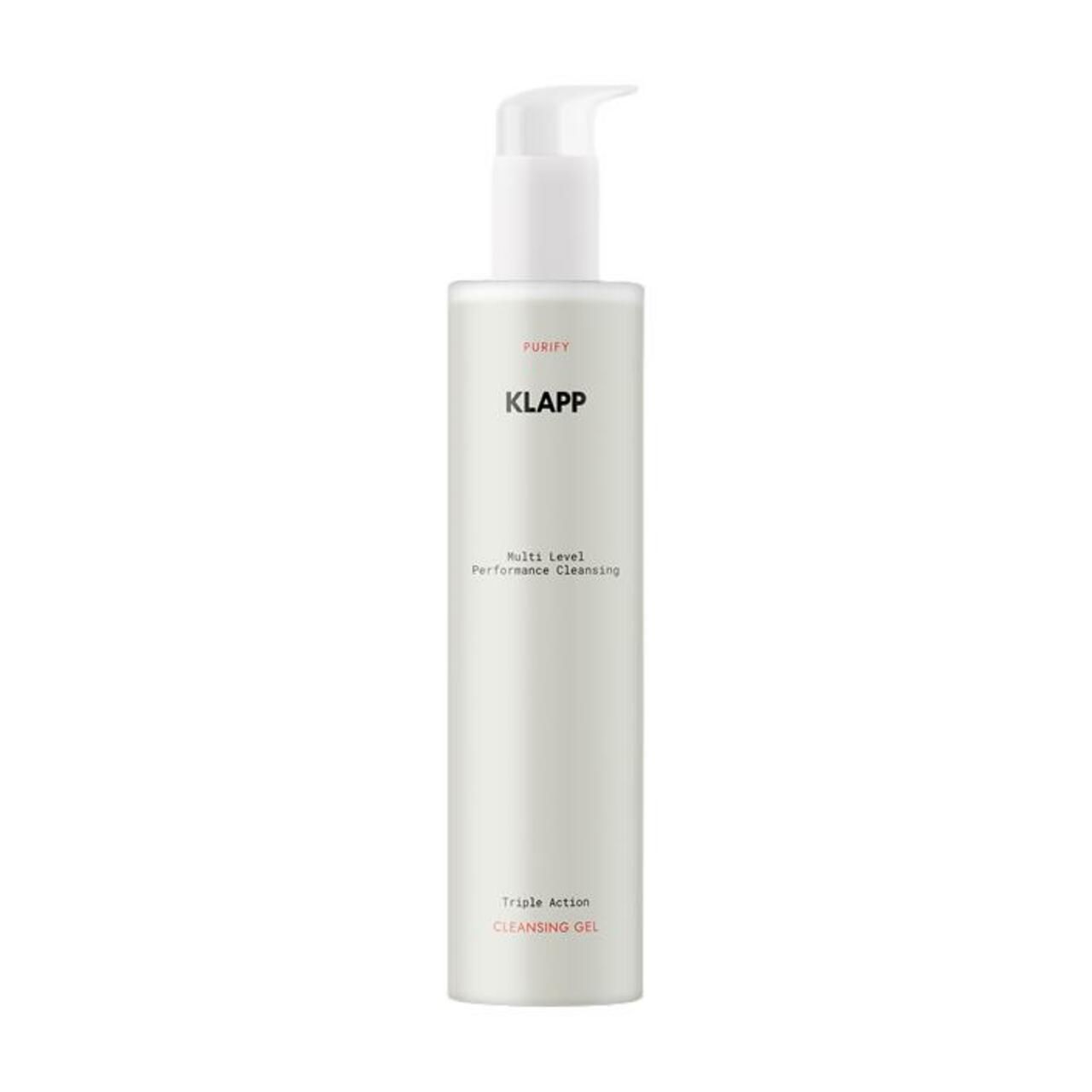 Cilindrische fles met pomp. Opschrift "KLAPP", "Multi Level Performance Cleansing" en "Cleansing Gel".