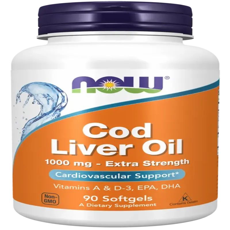 Witte fles met blauwe dop. Oranje etiket met tekst: NOW, Cod Liver Oil, 1000 mg, 90 softgels. Cardiovasculaire ondersteuning.