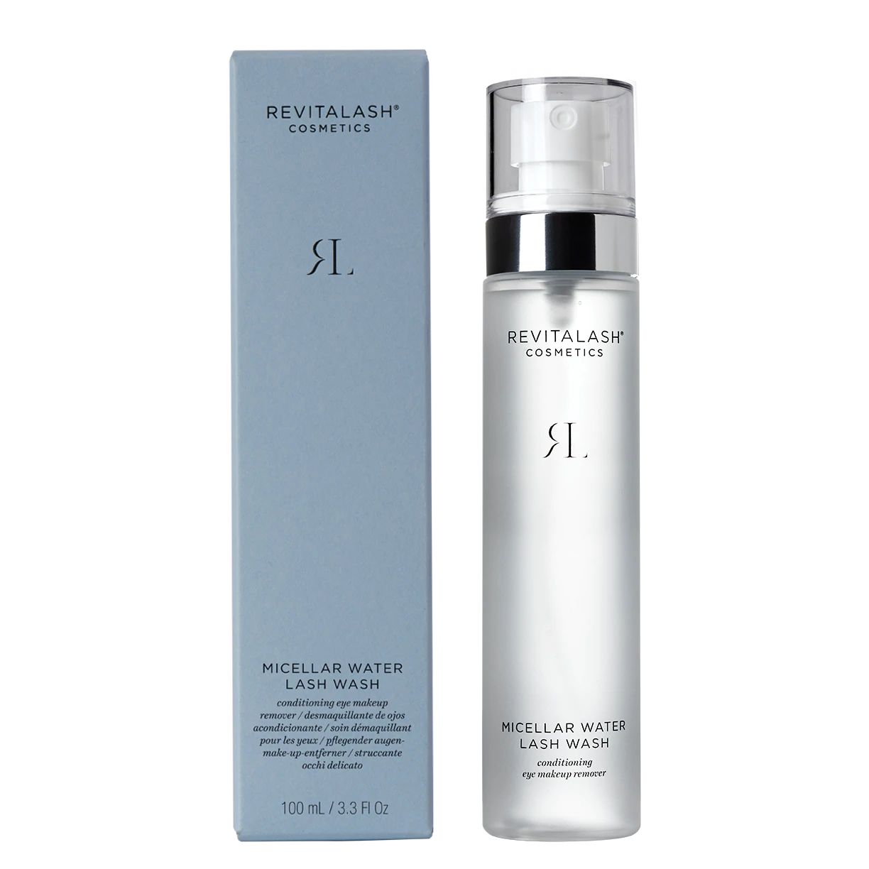 Emballage et flacon. Inscription: RevitaLash Cosmetics, Micellar Water Lash Wash, 100 ml / 3.3 fl oz.