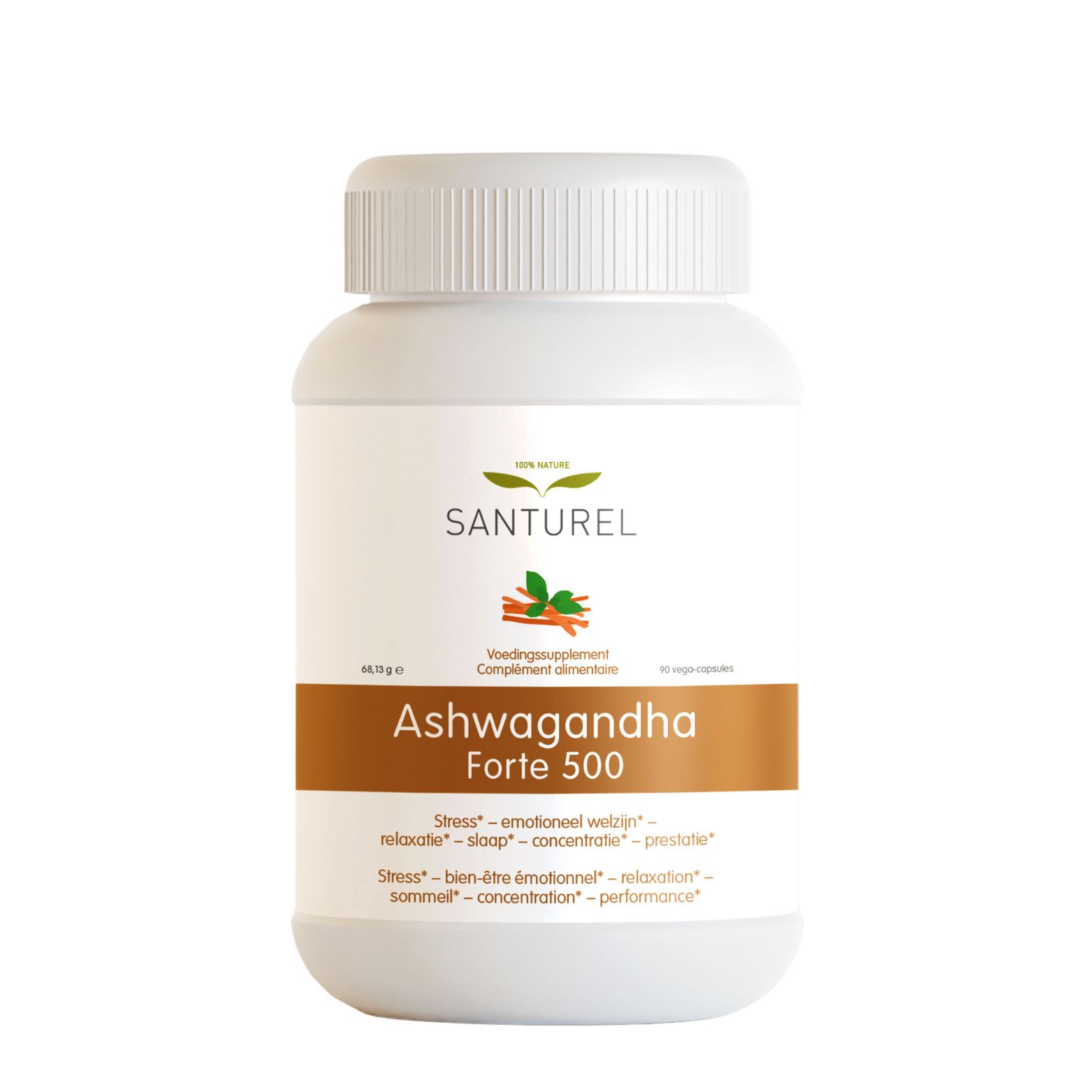 Witte fles Santurel Ashwagandha Forte 500. Bruine strook met naam en info. 90 capsules.
