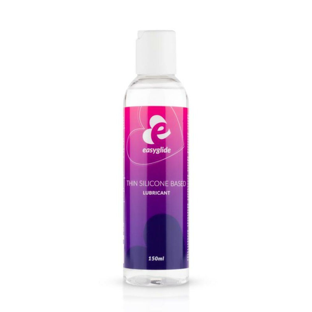 Transparante fles met witte dop. Etiket met logo en tekst. Opschrift: Thin Silicone Based Lubricant.