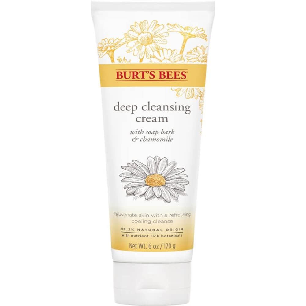 Crèmetube met geel etiket. Opschrift: Burt's Bees, Deep Cleansing Cream. Bevat kamille en zeepbast. 6 oz / 170 g.