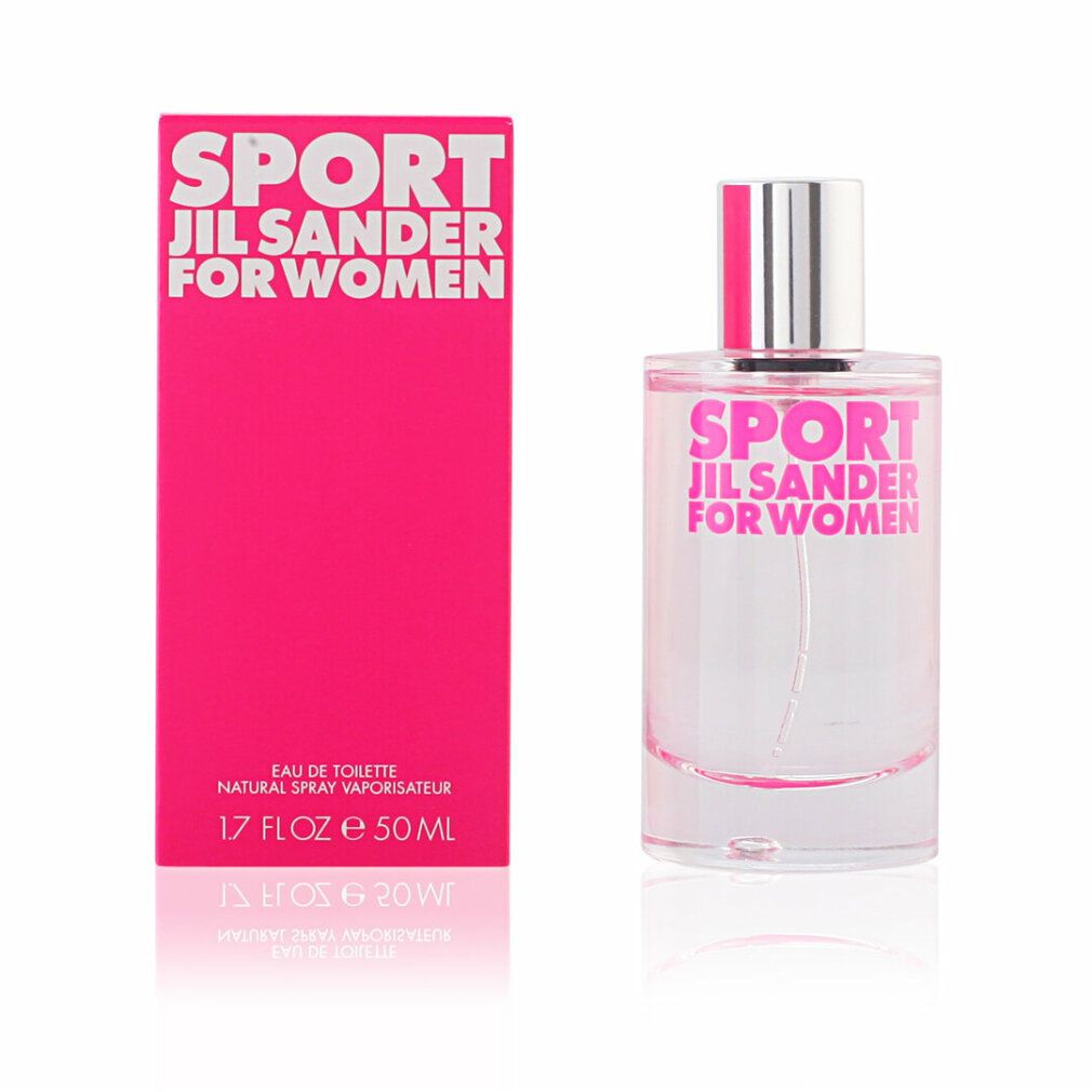 Flacon et boîte Jil Sander Sport for Women Eau de Toilette. Flacon en verre transparent avec bouchon argenté, 50 ml.