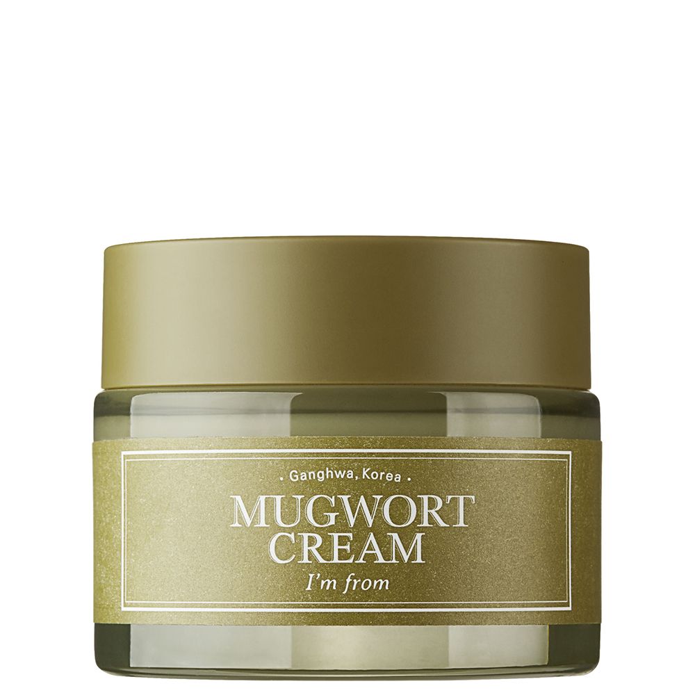 Glazen potje crème met deksel. Opschrift: Mugwort Cream. Groene deksel en etiket.