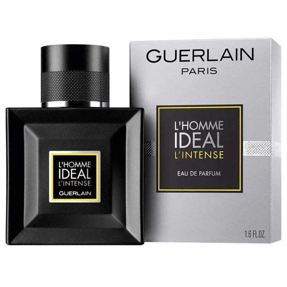 Flacon noir et emballage. Inscription : L'Homme Ideal L'Intense, Guerlain. Flacon avec bouchon noir. Emballage avec logo.