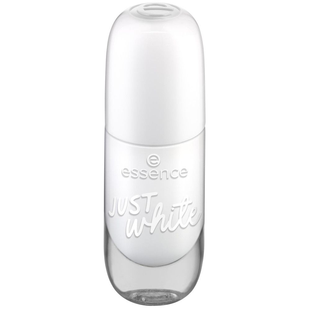 Flacon de vernis à ongles transparent avec contenu blanc. Bouchon blanc. Inscription: essence just white.