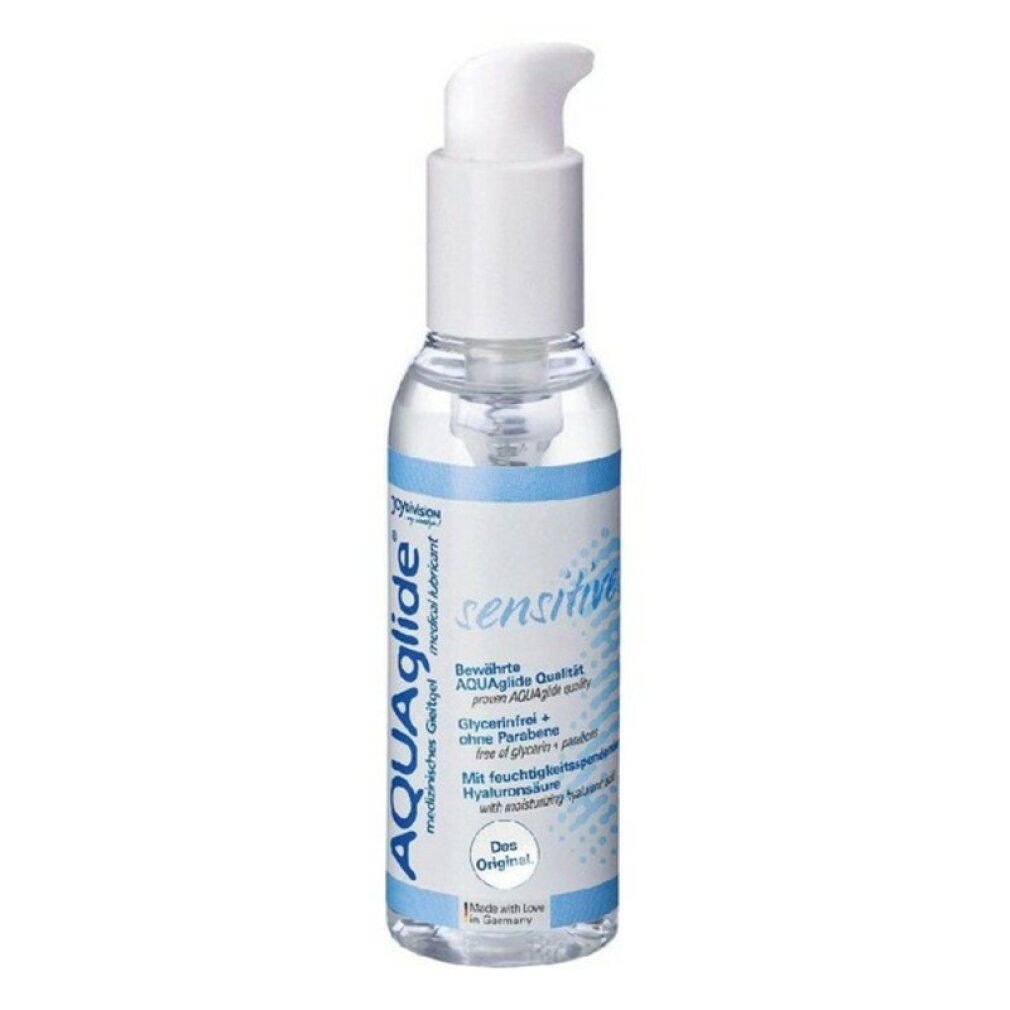 Transparante fles met witte pomp. Opschrift AQUAglide Sensitive. Blauwe band met tekst.