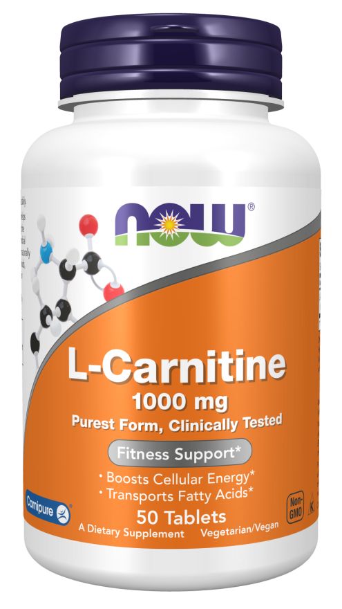 Witte fles met blauwe dop. Opschrift: NOW, L-Carnitine 1000 mg. Oranje achtergrond. 50 tabletten. Veganistisch.