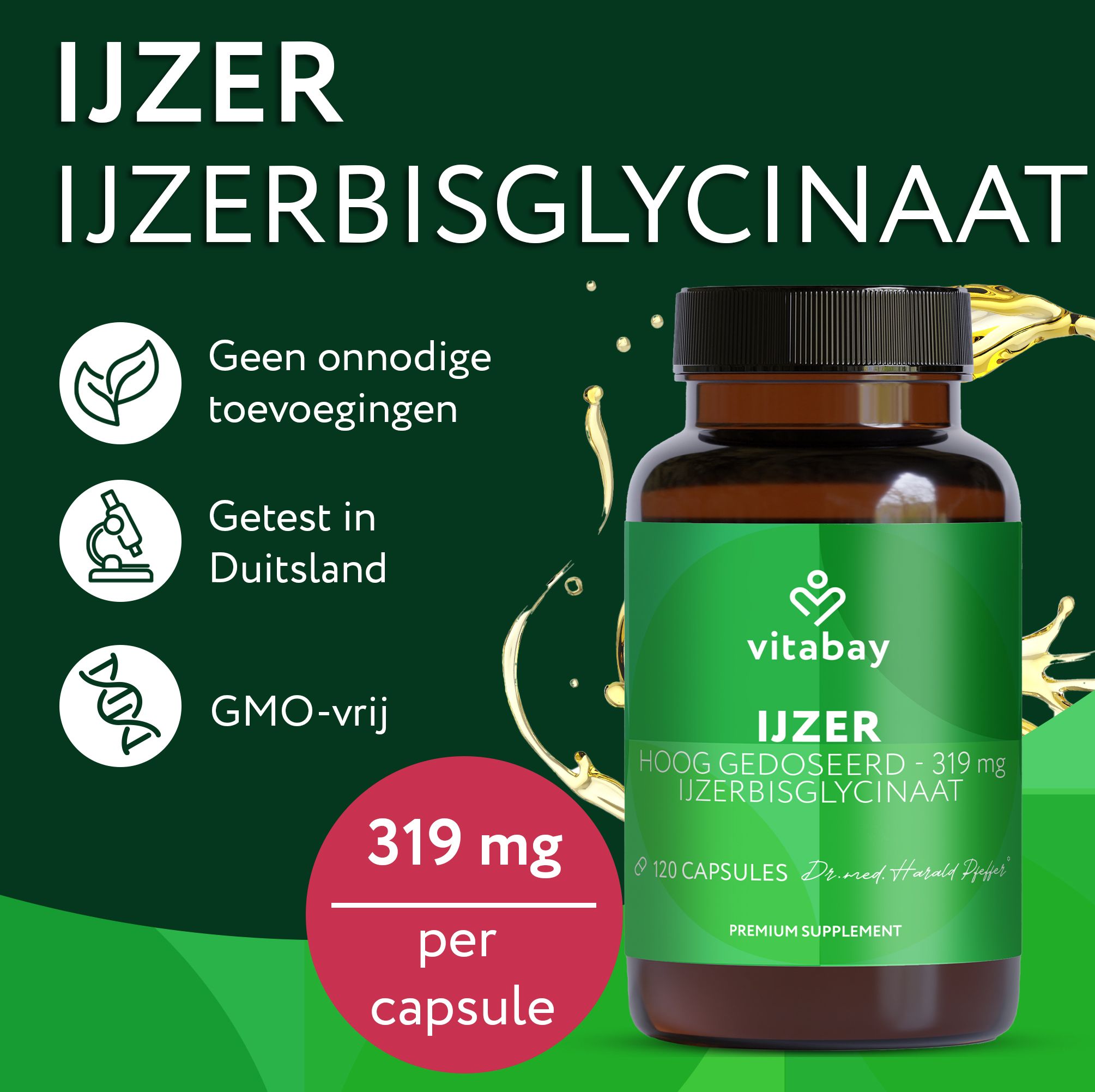 Vitabay IJzer Actief 319 mg potje naast buitenlopers.