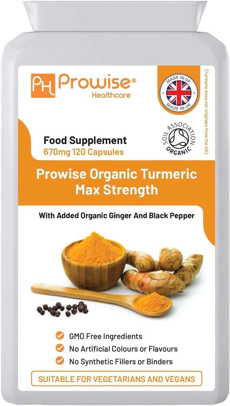 Flacon blanc de complément alimentaire. Texte : Prowise Healthcare, Organic Turmeric Max Strength, 120 gélules.
