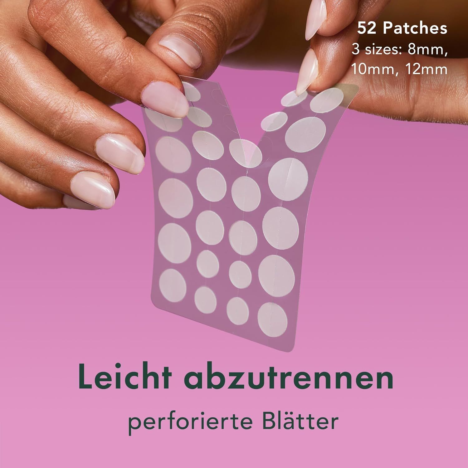 Vellen met 52 pleisters in 3 maten. Pleisters worden door handen verwijderd. Opschrift: Gemakkelijk te scheuren.