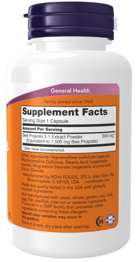 Dos du flacon. Étiquette orange avec "Supplement Facts". Contient des informations sur les ingrédients et le fabricant.