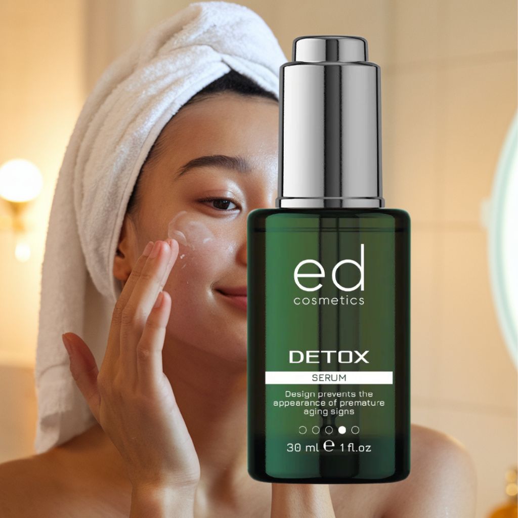 Femme avec une serviette applique du sérum. Flacon vert avec bouchon argenté. Inscription: ed cosmetics, Detox Serum.