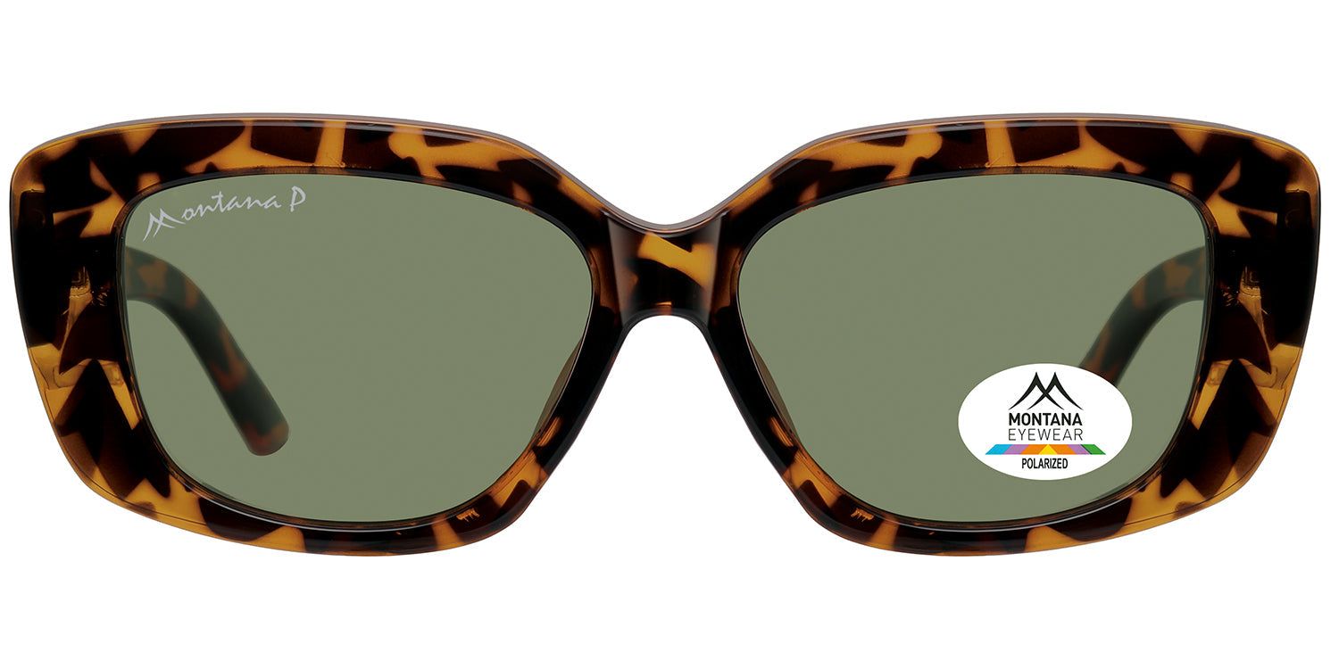Lunettes de soleil marron à motif écaille. Verres verts. Logo et texte Montana Eyewear. Polarisé.
