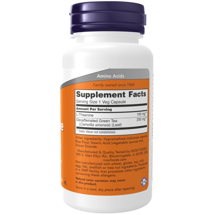 Flacon blanc avec bouchon violet. Étiquette avec informations produit : L-Théanine, 100 mg. Contient ingrédients et informations nutritionnelles.
