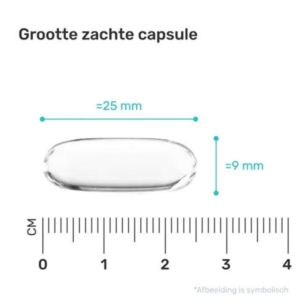 Zachte capsule, ca. 25 mm lang, 9 mm breed. Blauwe lijnen tonen de afmetingen. Opschrift: Grootte zachte capsule.