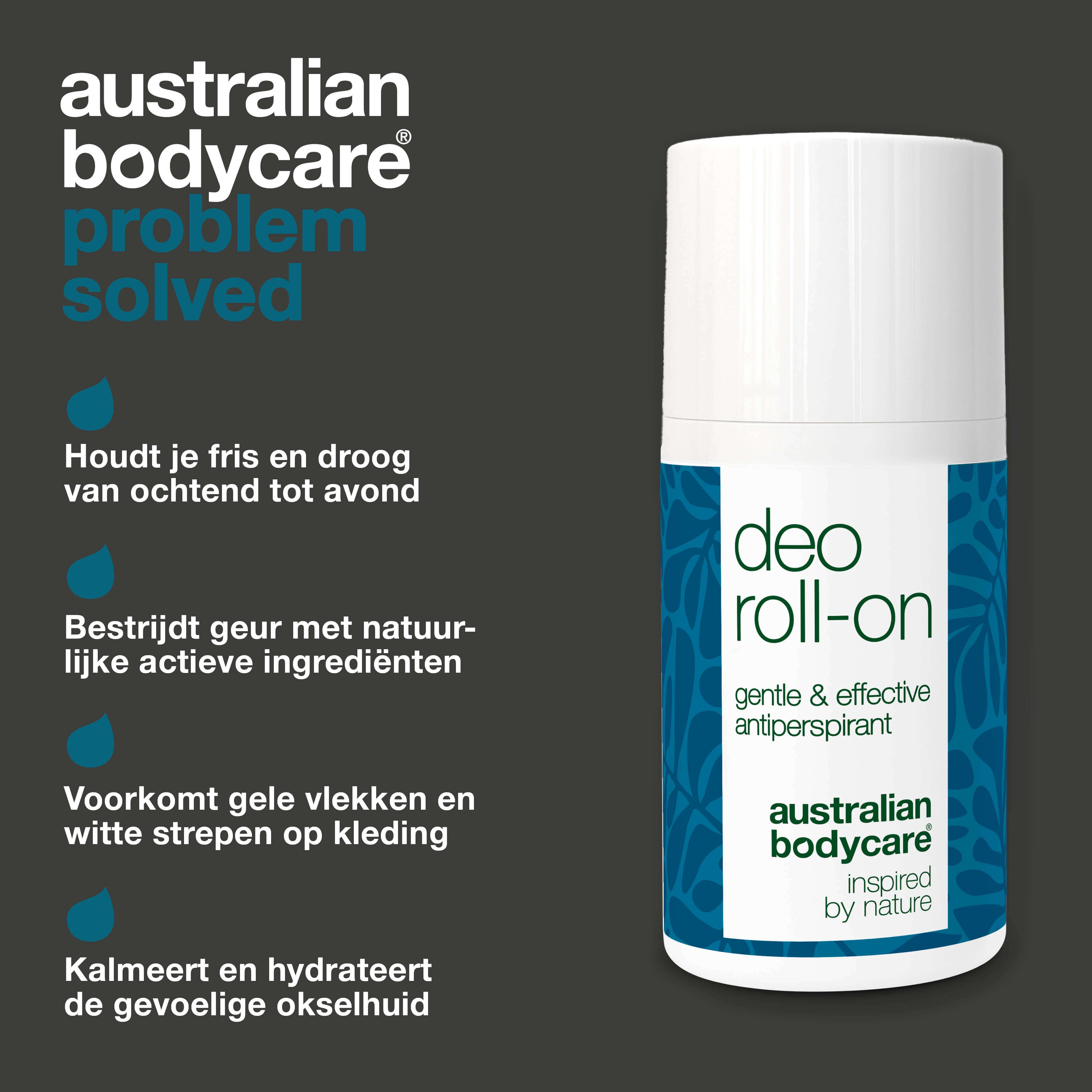Deo Roll-on. Tekst: gentle & effective antiperspirant. Australian Bodycare. Probleem opgelost. Houdt fris en droog.