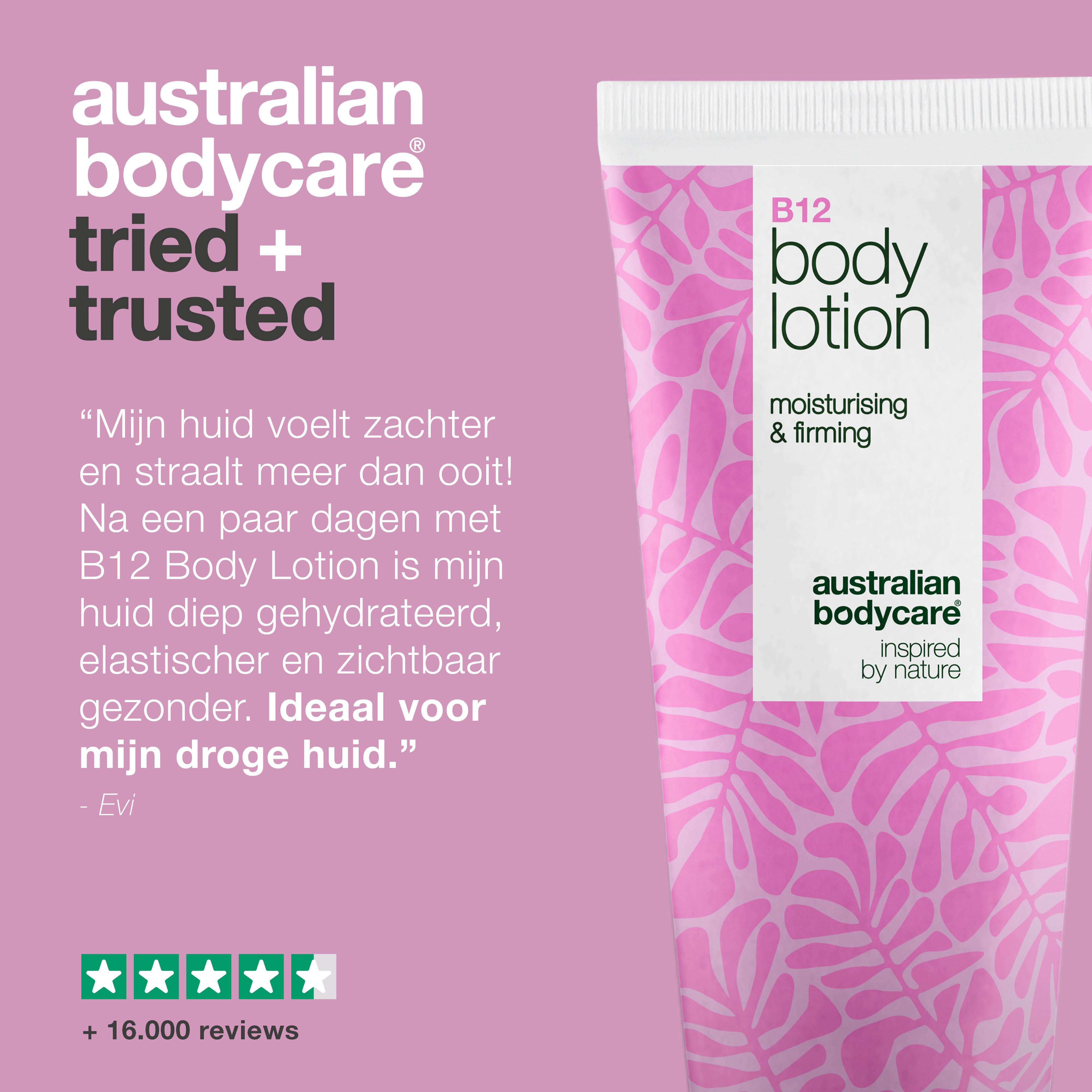 B12 Body Lotion tube. Tekst: Australian Bodycare, vertrouwd. Citaat: Zachte huid. Sterrenbeoordeling. Meer dan 16.000 beoordelingen.