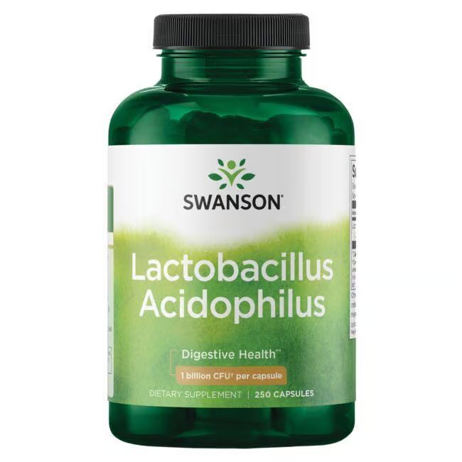 Groene fles met wit etiket. Opschrift: SWANSON Lactobacillus Acidophilus. 250 capsules. 1 miljard KVE per capsule.