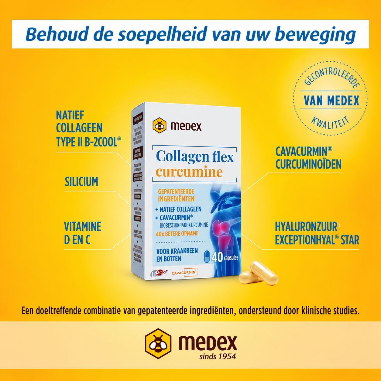 Medex Collagen flex Curcumin verpakking met informatie over ingrediënten zoals collageen, curcumine en hyaluronzuur.