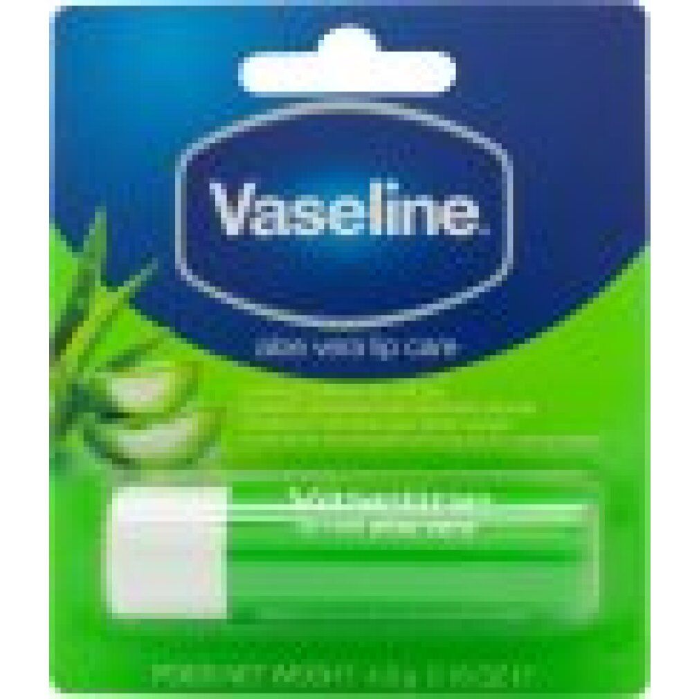 Stick de soin des lèvres Vaseline Aloe Vera. Emballage blister vert avec logo et motif aloe vera.