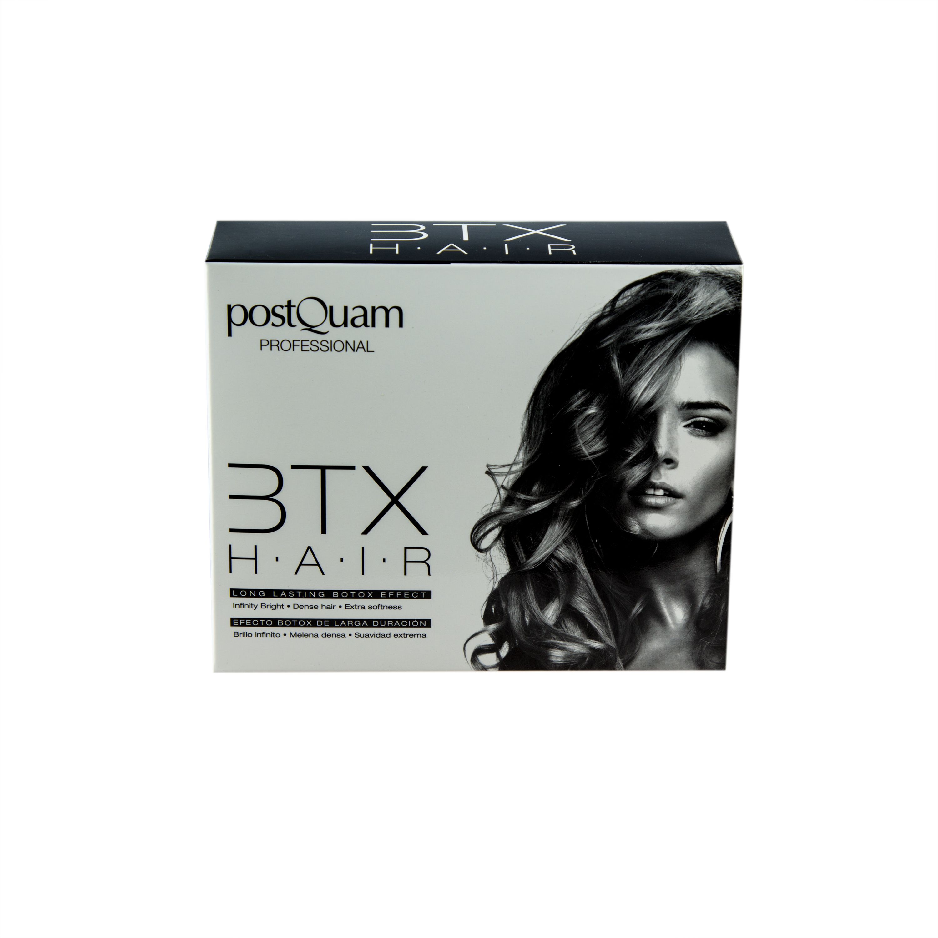 Emballage de produit avec inscription : PostQuam, 3TX HAIR. Image d'une femme aux cheveux ondulés.