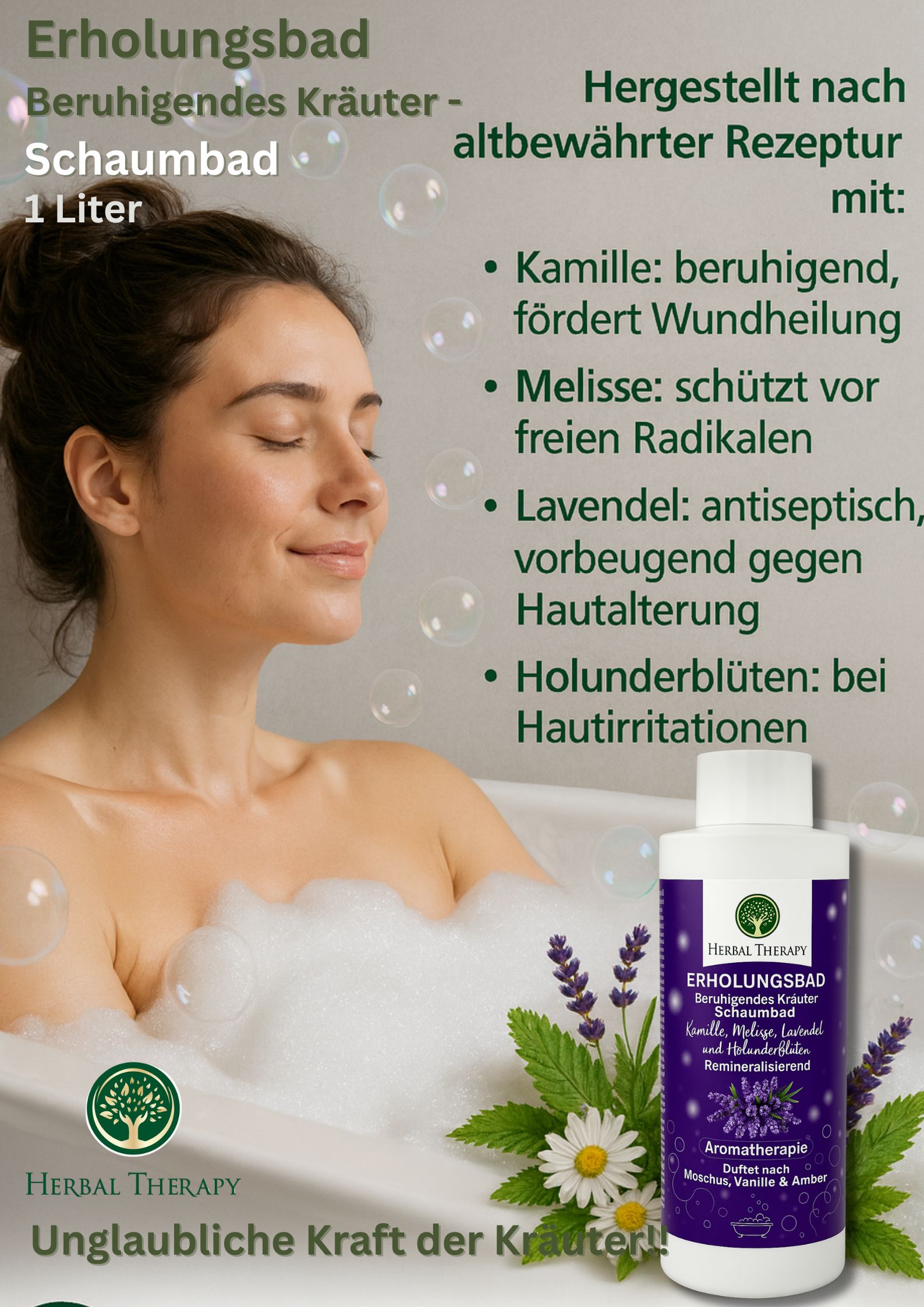 Femme dans une baignoire avec de la mousse. Flacon avec étiquette violette : Bain relaxant, bain moussant aux herbes. Logo Herbal Therapy.