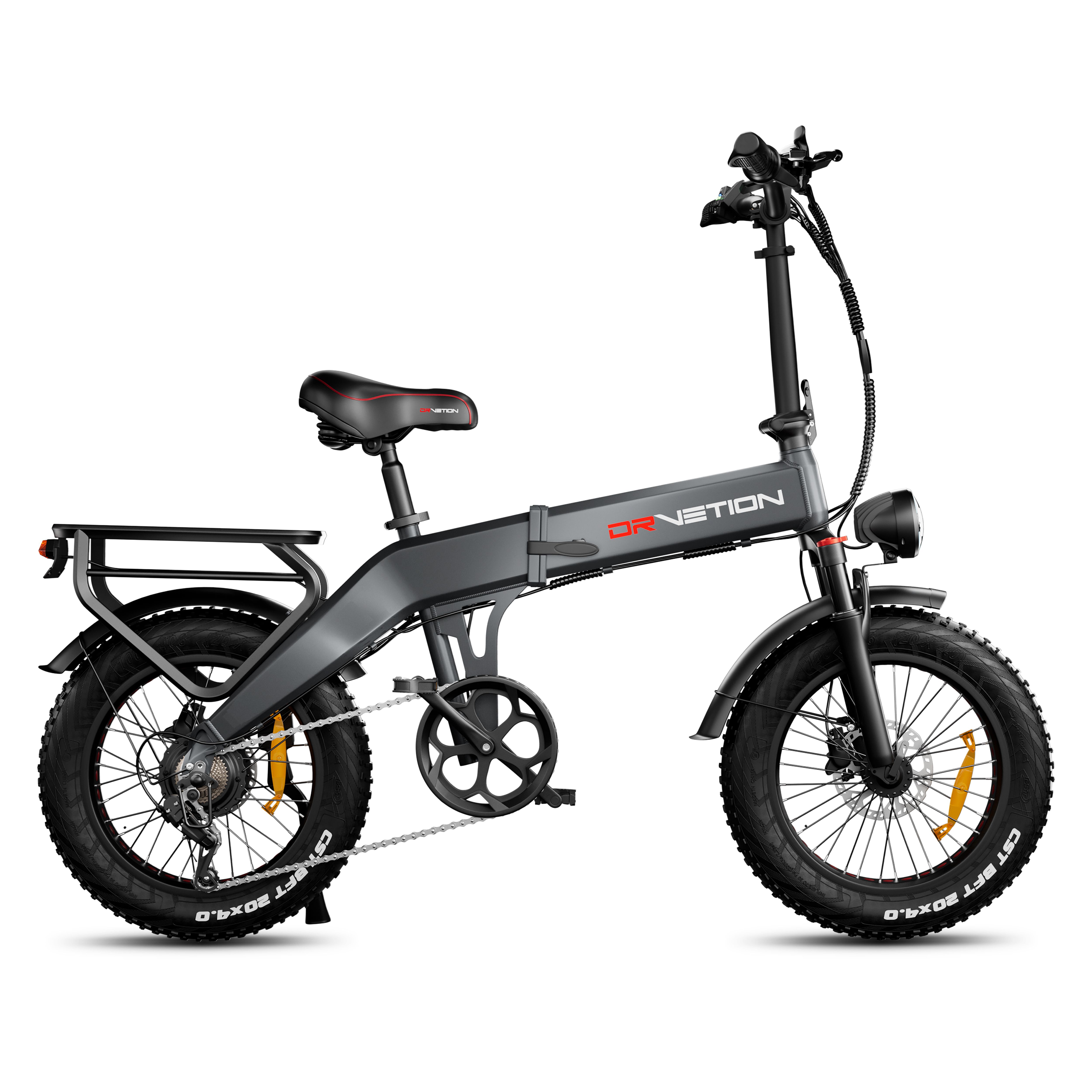 Opvouwbare e-bike, grijs. Zwarte banden, bagagedrager, koplamp. Merk: DrveTion. 48V batterij.