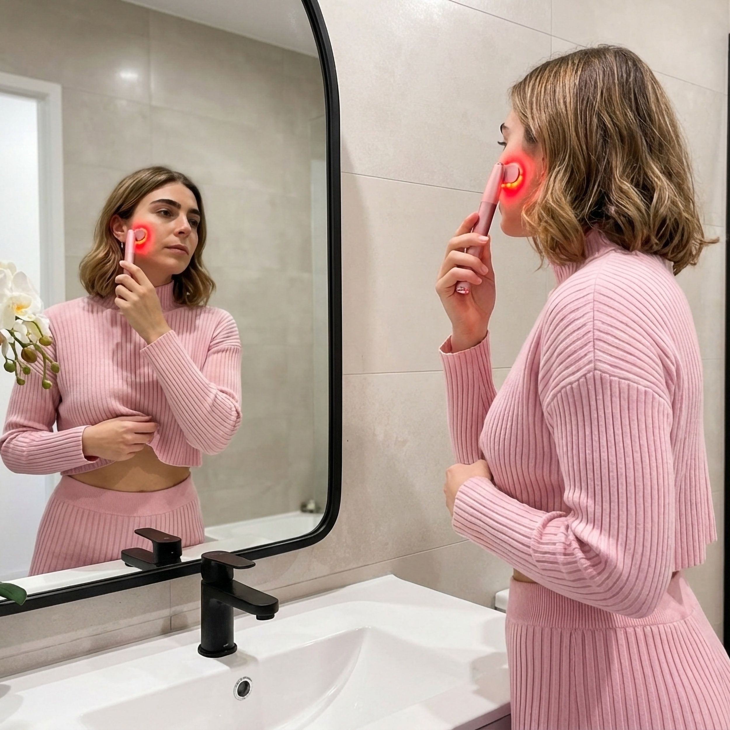 Personne tenant un appareil de soin rose devant un miroir. Lumière rouge sur la peau. L'appareil a une poignée.