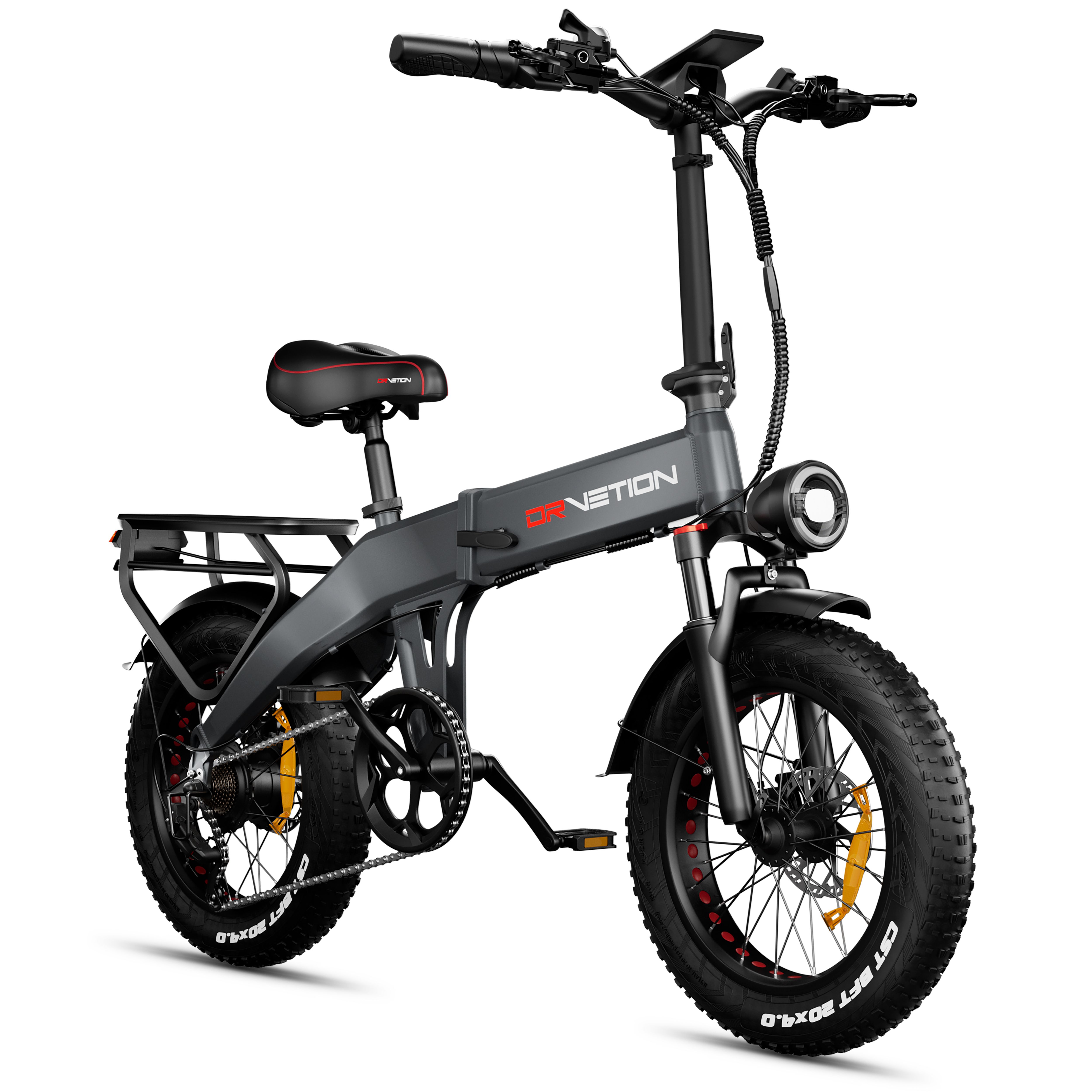 Grijze, opvouwbare e-bike. Zwarte banden, bagagedrager, koplamp. Merk: DrveTion. 48V.