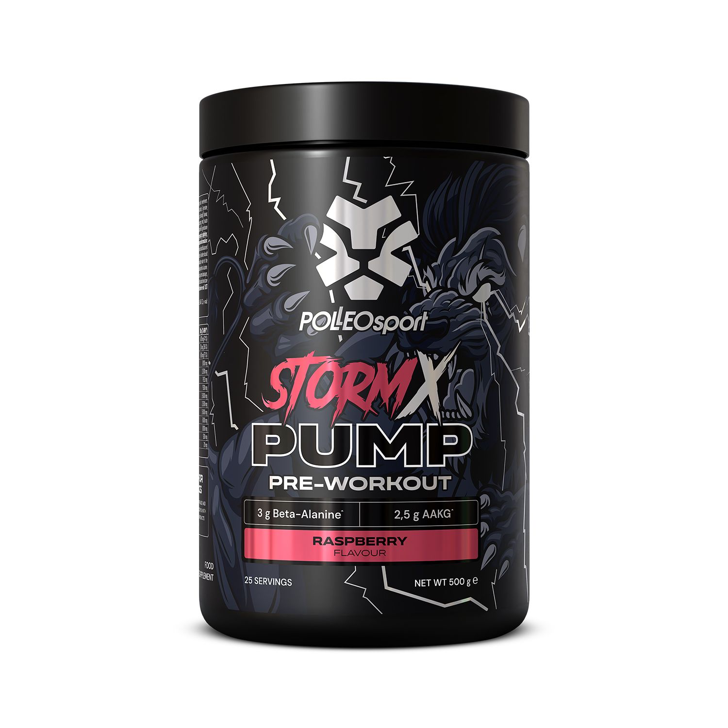 Zwarte pot "PolleoSport StormX PUMP Pre-Workout". Frambozensmaak. Bevat Beta-Alanine en AAKG. 25 porties, 500g.