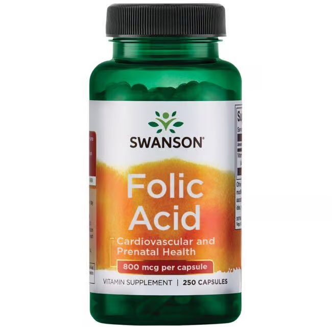Flacon vert avec bouchon noir. Étiquette avec SWANSON, Acide Folique, 800 mcg par capsule. 250 capsules.