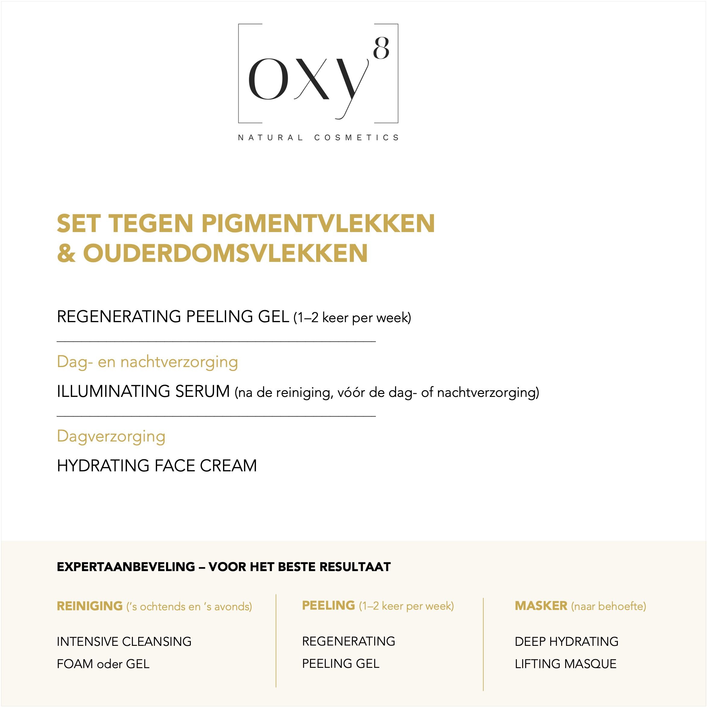 OXY8 Naturkosmetik productoverzicht Nederlands: Peeling gel, serum, gezichtscrème.