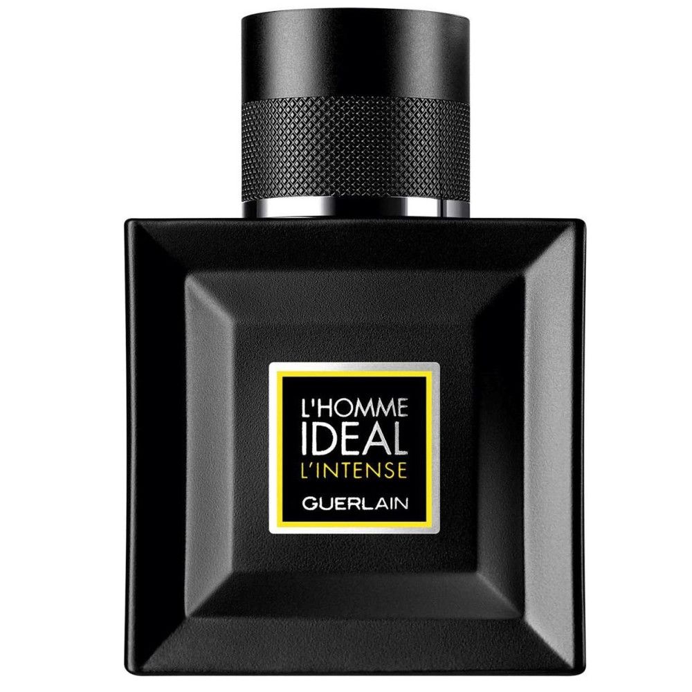 Flacon noir avec bouchon noir. Inscription : L'Homme Ideal L'Intense, Guerlain. Forme carrée avec étiquette dorée.