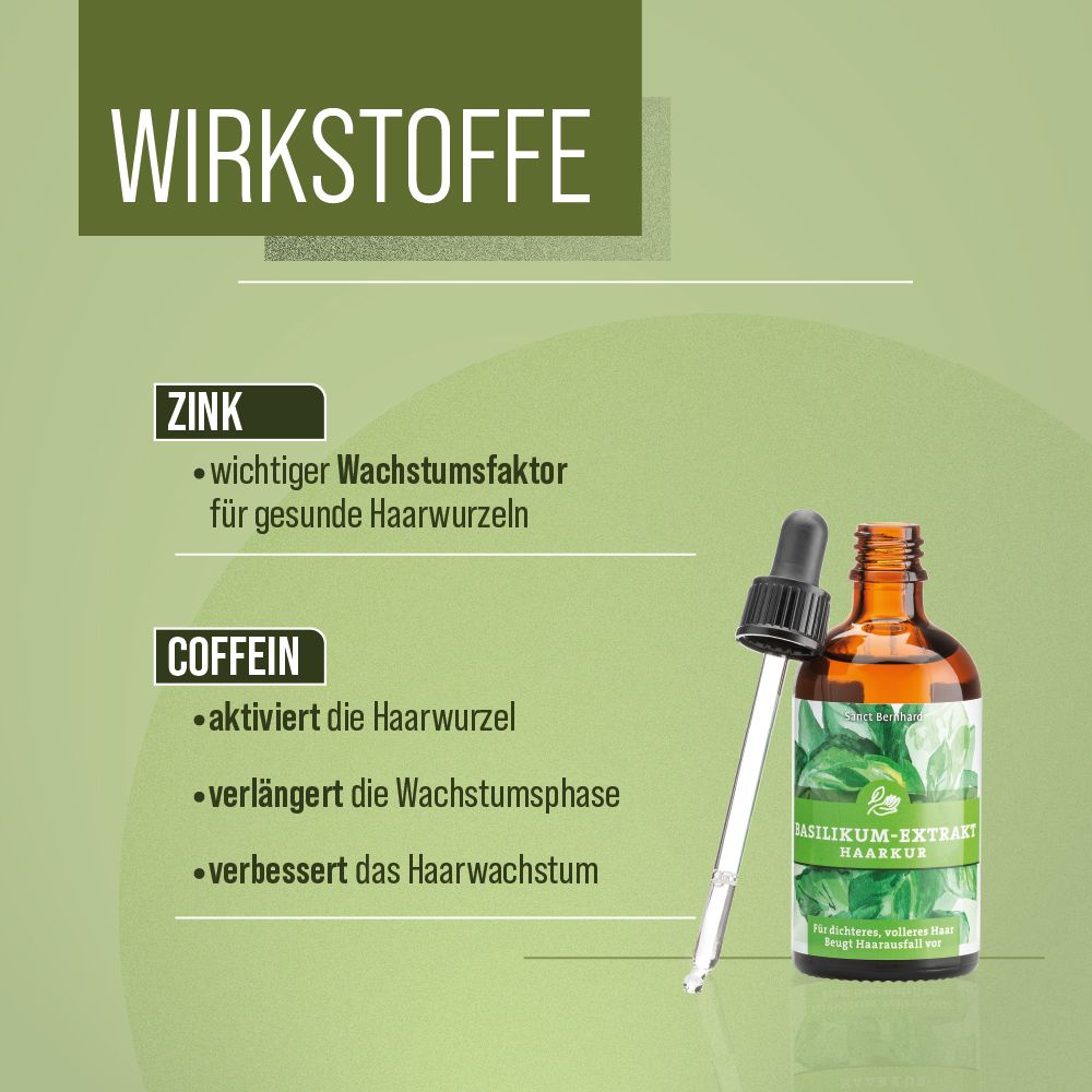 Image publicitaire avec texte: Ingrédients actifs. Zinc et caféine. Flacon avec compte-gouttes.