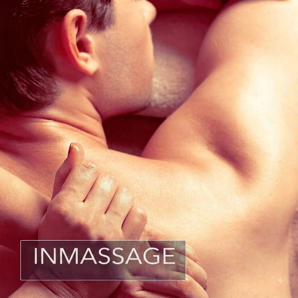 Close-up van twee personen, tekst "INMASSAGE" op de voorgrond.