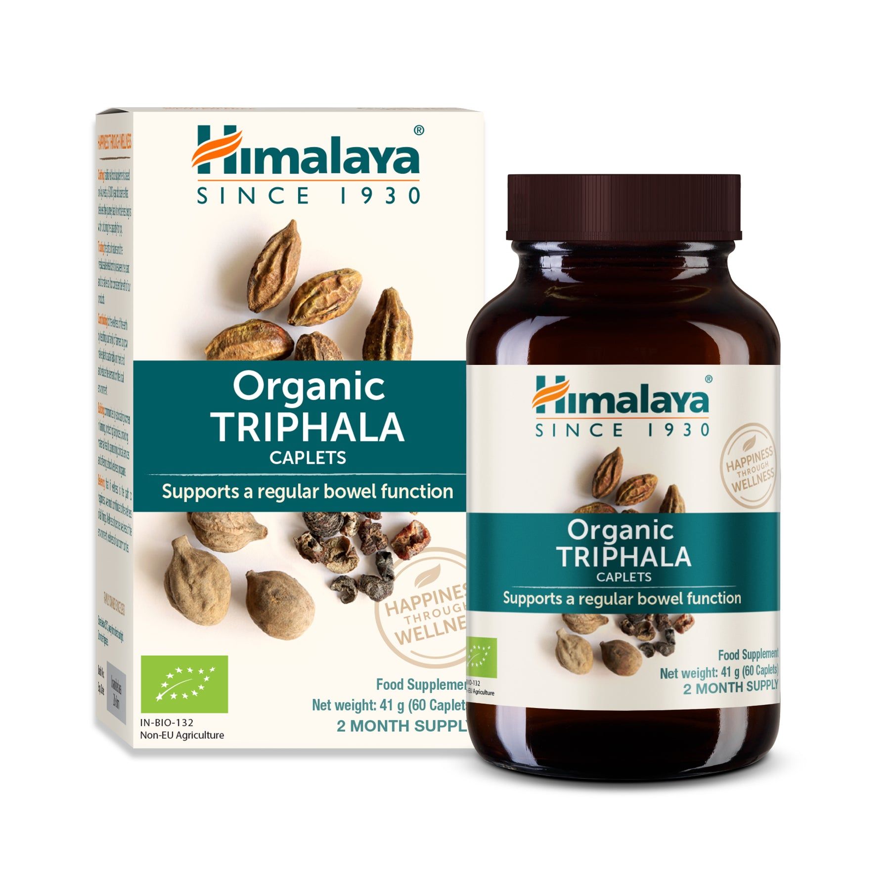 Himalaya Bio Triphala. Verpakking en fles. Opschrift: Organic Triphala Caplets. Ondersteunt een regelmatige stoelgang.