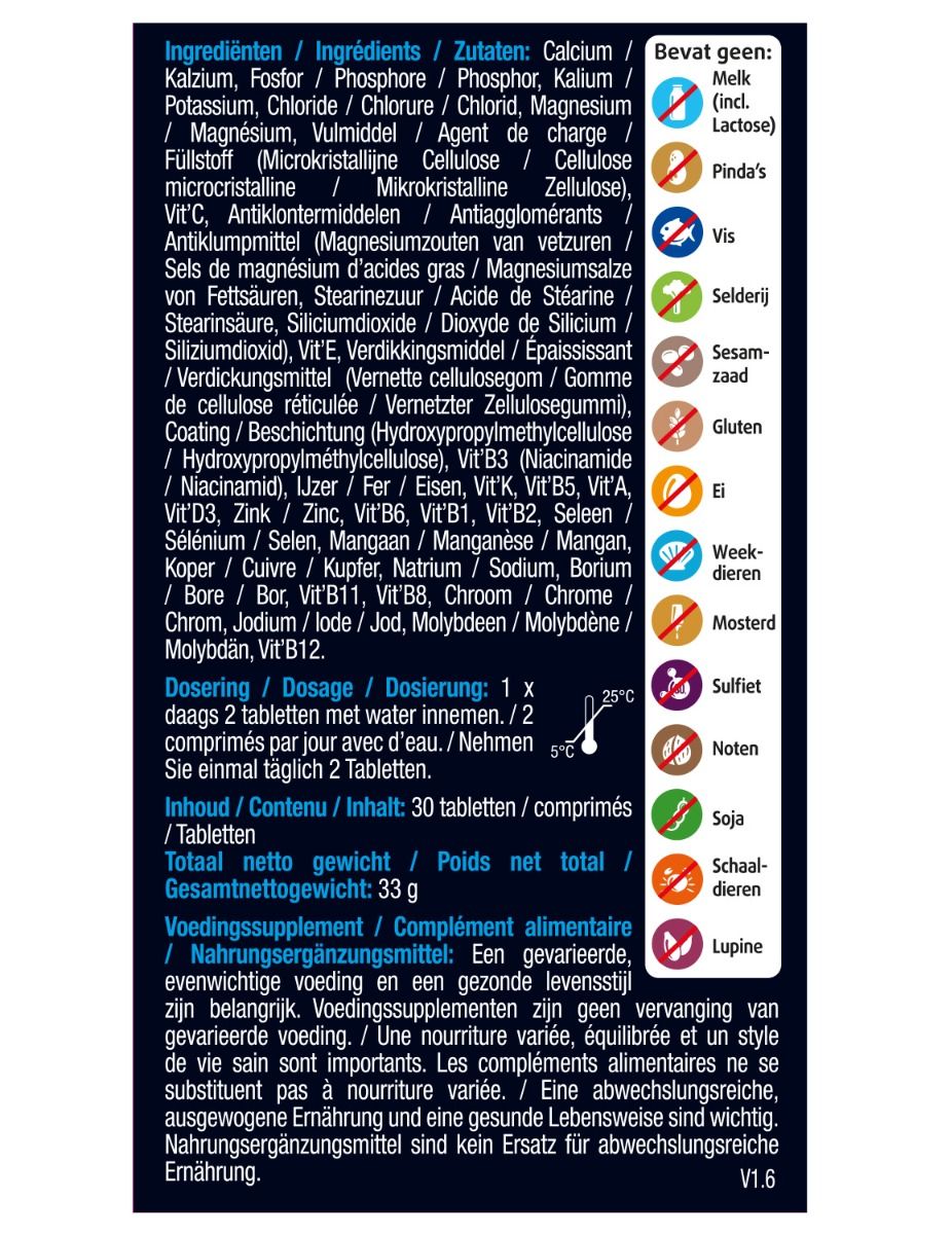 Achterkant van de verpakking van Lucovitaal Magnesium, Vitaminen & Mineralen Compleet. Bevat een lijst met ingrediënten en waarschuwingen.