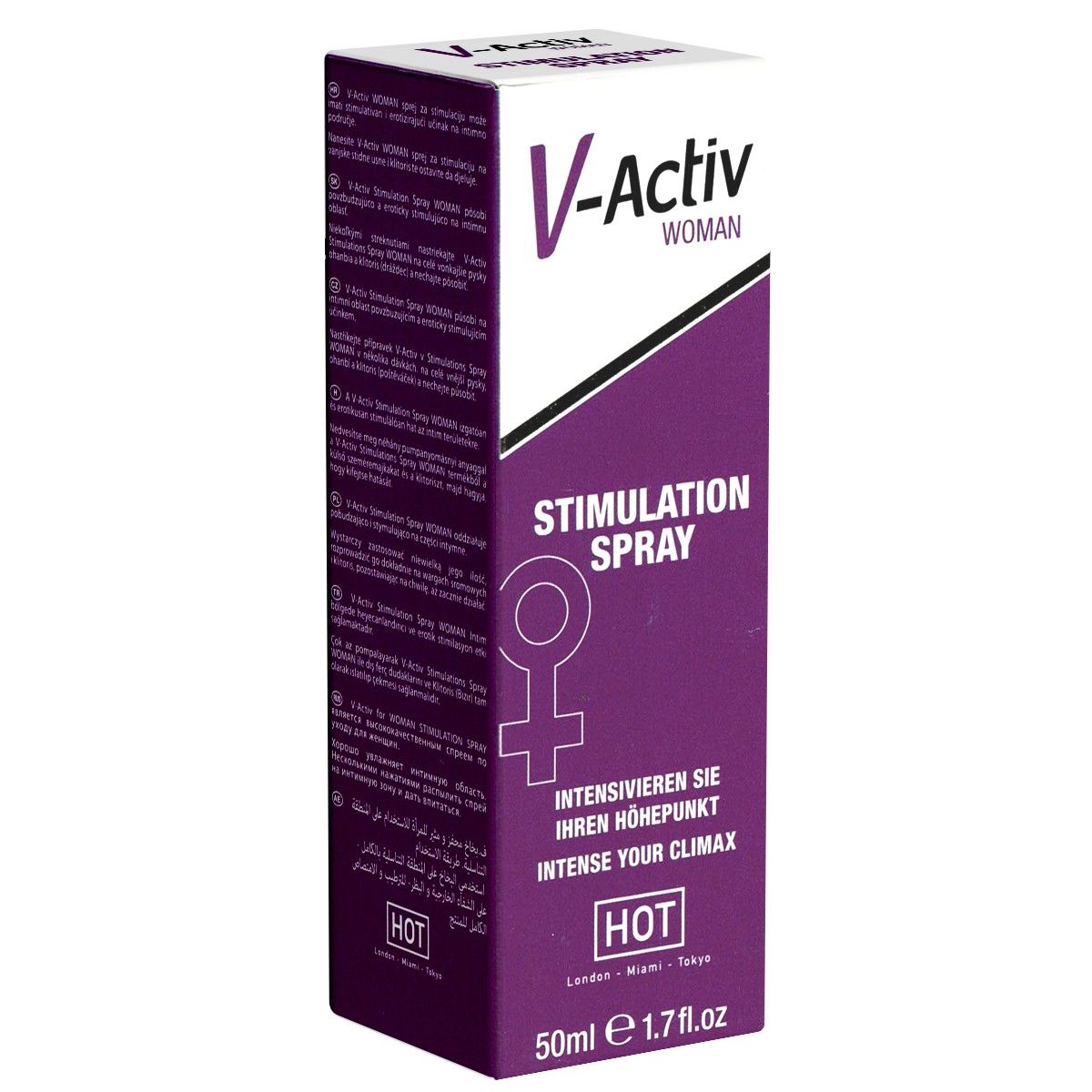 Productdoos. V-Activ Woman Stimulation Spray, logo, tekst en vrouwelijk symbool. 50ml, 1.7 fl.oz. HOT-logo.