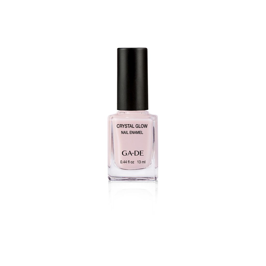 Vernis à ongles Ga-De Crystal Glow rose, flacon carré en verre, bouchon noir. Inscription : Crystal Glow Nail Enamel.
